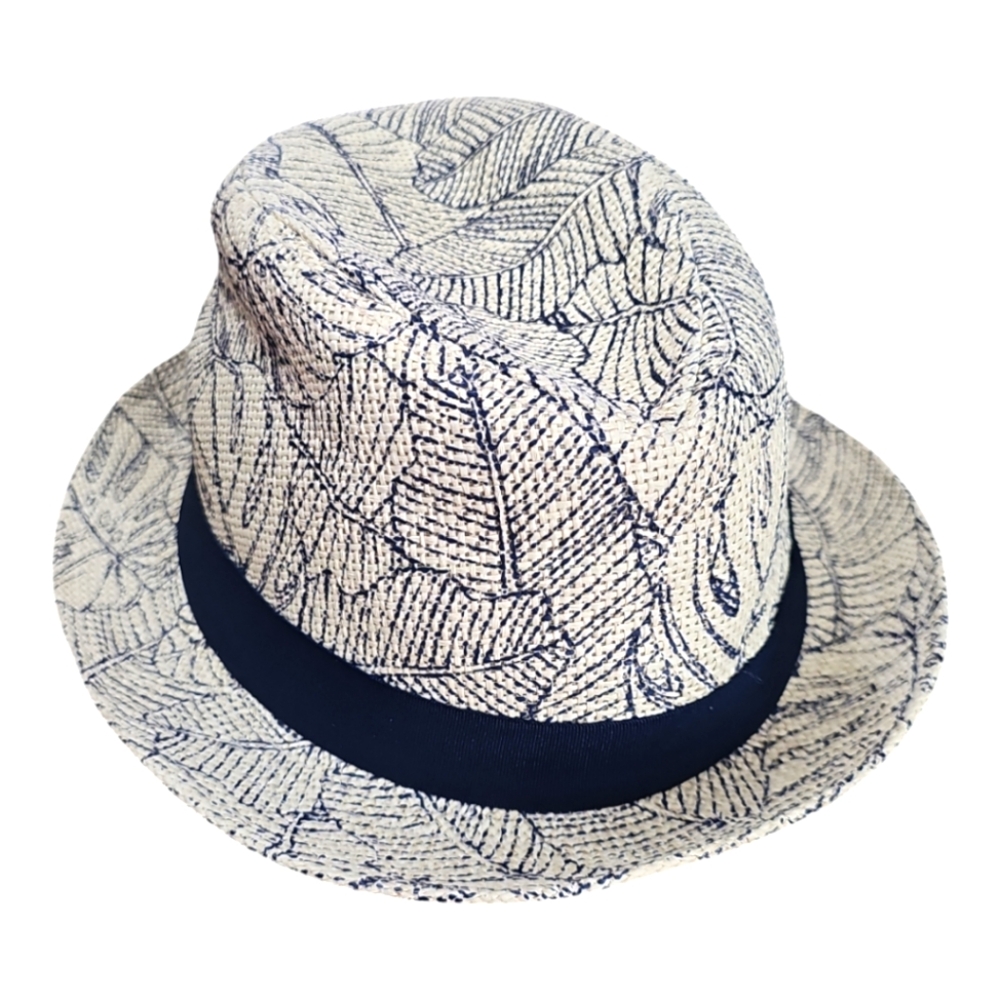 H&M Fedora Bucket Hat Tan Blue Tropical Leaf Size Large